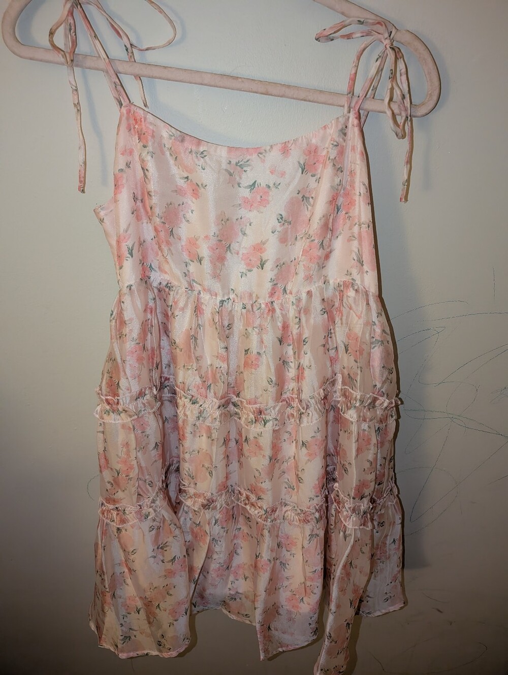 LUSH Soft Pink Floral Slip Dress with Green Leaf Print